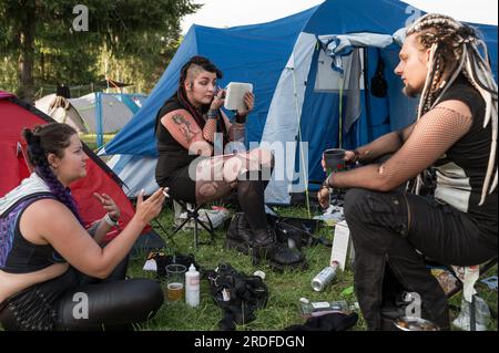 BOLKOW, POLAND - JULY 14, 2023: An unidentified participants of the Castle Party at the campsite. Castle Party is a dark independent festival. Stock Photo