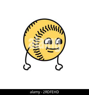 Funny cute happy softball black line icon. Kawaii character illustration Stock Vector