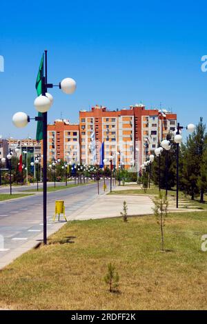 Street in housing estate, residential houses, Asgabat, Independence Park, Ashgabat, Turkmenistan Stock Photo