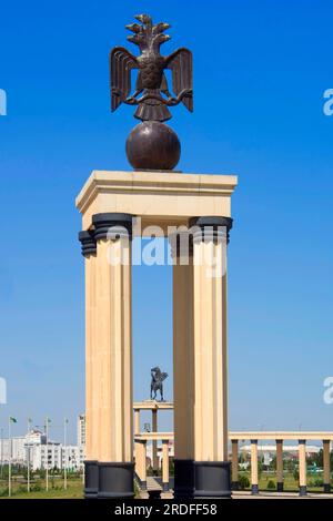 Columns at the National Museum, Asgabat, five-headed, statue 'Five-headed Eagle', Ashgabat, Turkmenistan Stock Photo