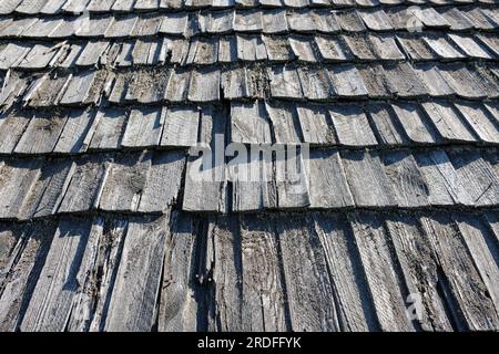 Wooden gray roof shingles. Wood weathered roofing pattern detail. Old grey wooden roof texture. Old shabby wooden tiles close-up background. Stock Photo