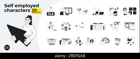 Freelancers with laptop monochrome concept vector spot illustrations bundle Stock Vector