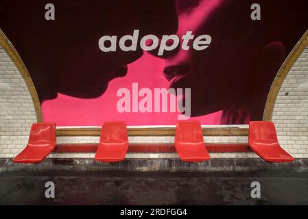 Red seats in a metro station, Paris, France Stock Photo