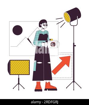 Freelance photographer in studio flat line concept vector spot illustration Stock Vector