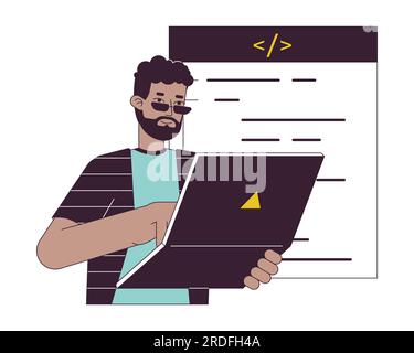 Happy man with laptop flat line concept vector spot illustration Stock Vector