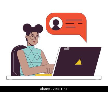 African american freelance girl flat line concept vector spot illustration Stock Vector