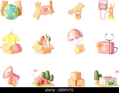 Vector charity and donations icon set. Fundraising, volunteering and refugee help and support, clothes and food contribution, and medical assistance Stock Vector