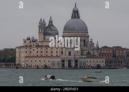 Venice,  Italy - April 27, 2019 : Panoramic view of the Basilica Santa Maria Della Salute in Venice Italy Stock Photo
