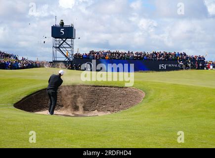 England's Justin Rose chips out of a bunker on the 5th during day two of The Open at Royal Liverpool, Wirral. Picture date: Friday July 21, 2023. Stock Photo