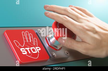 Woman hand pushing a stop button. Protest concept. Stock Photo