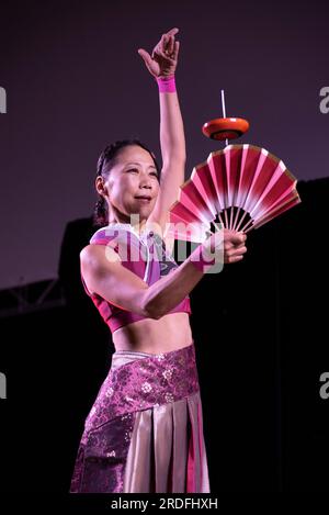 Japanese Circus artist performing at MERCANTIA International Street Theater Festival. Stock Photo