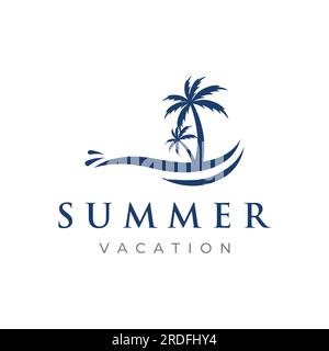 Summer vacation creative logo on the beach with symbols of waves, palm trees and surfboards in retro style.Emblem,label, poster,badge. Stock Vector