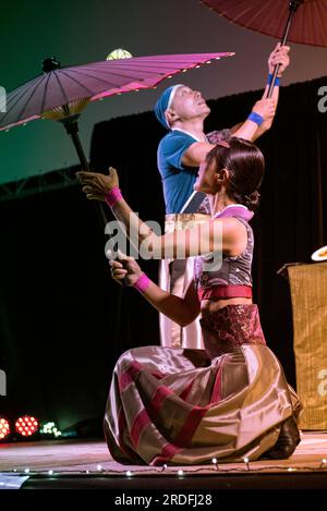 Japanese Circus artist performing at MERCANTIA International Street Theater Festival. Stock Photo