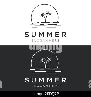 Summer vacation creative logo on the beach with symbols of waves, palm trees and surfboards in retro style.Emblem,label, poster,badge. Stock Vector