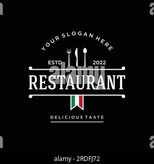 Retro restaurant emblem.Cutlery logo design and hand drawn vintage style restaurant typography. Stock Vector