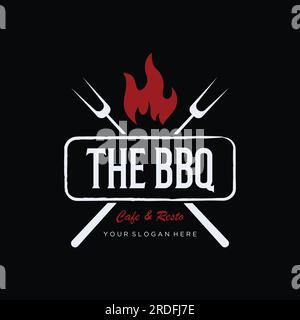 BBQ hot grill vintage typography logo with crossed flames and spatula. Logo for restaurant, badge,cafe and bar. Stock Vector