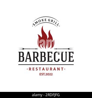 BBQ hot grill vintage typography logo with crossed flames and spatula. Logo for restaurant, badge,cafe and bar. Stock Vector