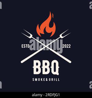 BBQ hot grill vintage typography logo with crossed flames and spatula. Logo for restaurant, badge,cafe and bar. Stock Vector