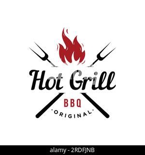 BBQ hot grill vintage typography logo with crossed flames and spatula. Logo for restaurant, badge,cafe and bar. Stock Vector