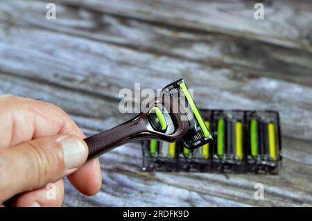 Six blade razor system with trimmer, smooth shaving with a patented six-blade shaving platform, double lubricating strips moisturizing the skin to eff Stock Photo