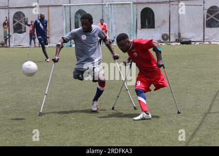 The Nigerian Amputee football team held a training session in Lagos ahead of the African Paralympic Football Tournament scheduled to take place in Accra, Ghana. Lagos, Nigeria. Stock Photo