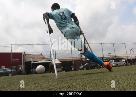 The Nigerian Amputee football team held a training session in Lagos ahead of the African Paralympic Football Tournament scheduled to take place in Accra, Ghana. Lagos, Nigeria. Stock Photo