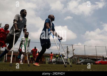 The Nigerian Amputee football team held a training session in Lagos ahead of the African Paralympic Football Tournament scheduled to take place in Accra, Ghana. Lagos, Nigeria. Stock Photo