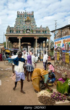 Virudhagireeswarar Shiva temple entrance Gopuram tower with market in ...