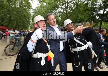 Brussels, Belgium. 21st July, 2023. Prime Minister Alexander De Croo pictured during a lunch where members of the federal government eat fries with partners and children at the Warandepark - Parc de Bruxelles, on the Belgian National Day, in Brussels, . BELGA PHOTO NICOLAS MAETERLINCK Credit: Belga News Agency/Alamy Live News Stock Photo