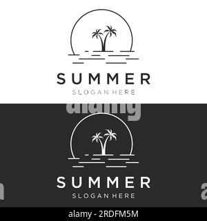 Summer vacation creative logo on the beach with symbols of waves, palm trees and surfboards in retro style.Emblem,label, poster,badge. Stock Vector