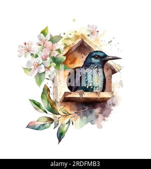 Watercolor beautiful starling in the birdhouse. Vector illustration Stock Vector