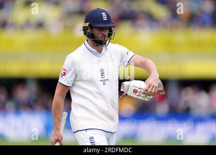 England's Chris Woakes walks off the pitch after losing his wicket on day three of the fourth LV= Insurance Ashes Series test match at Emirates Old Trafford, Manchester. Picture date: Friday July 21, 2023. Stock Photo