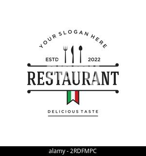 Retro restaurant emblem.Cutlery logo design and hand drawn vintage style restaurant typography. Stock Vector