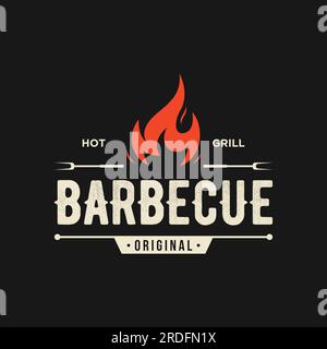 BBQ hot grill vintage typography logo with crossed flames and spatula. Logo for restaurant, badge,cafe and bar. Stock Vector
