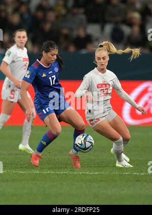 Dunedin, New Zealand. 21st July, 2023. Alicia Barker (L) of Philippines Women soccer team and Alisha Debora Lehmann (R) of Switzerland Women soccer team in action during the FIFA Women's World Cup 2023 match between Philippines and Switzerland held at the Dunedin Stadium. Final score Switzerland 2:0 Philippines. Credit: SOPA Images Limited/Alamy Live News Stock Photo