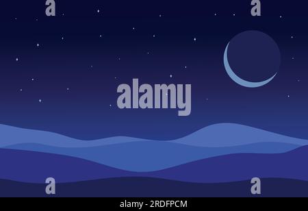 Desert in night sky background view. Crescent above the desert. Vector illustration Stock Vector