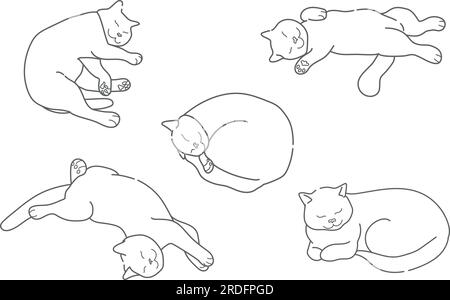 Contour drawing of a sleeping cat in various poses. Cat is sleeping in different positions. Empty contour isolated on a white background. Vector illus Stock Vector