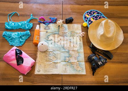 Travelling to Seychelles, visiting Mahe island, swimming gears to starts your holiday, Mahe Seychelles 1 Stock Photo