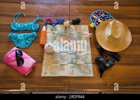 Travelling to Seychelles, visiting Mahe island, swimming gears to starts your holiday, Mahe Seychelles 1 Stock Photo