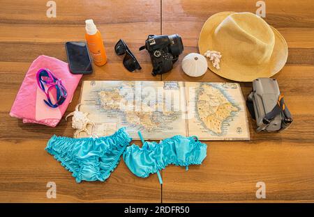 Travelling to Seychelles, visiting Praslin and la Digue island, swimming gears to starts your holiday, Mahe Seychelles Stock Photo