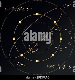 Celestial abstract background. Gold shapes and stars on a black background. Vector illustration Stock Vector