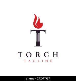 Minimalist liberty torch logo. Torch with a simple shape. Elegant letter T, fire and pillar. Stock Vector