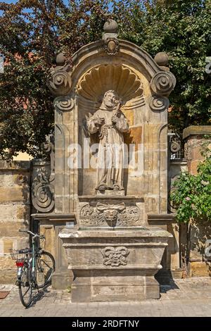 St Francis Fountain, St Elisabeth in the Sand, Bamberg, Upper Franconia, Bavaria, Germany Stock Photo