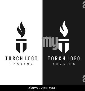 Minimalist liberty torch logo. Torch with a simple shape. Elegant letter T, fire and pillar. Stock Vector