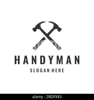 Crossed hammer logo design for vintage work carpentry tools.Logo for handyman, repair, construction. Stock Vector