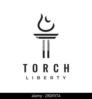 Minimalist liberty torch logo. Torch with a simple shape. Elegant letter T, fire and pillar. Stock Vector