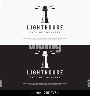 Sea lighthouse tower building creative logo with spotlights vintage vector template. Stock Vector