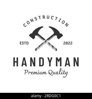 Crossed hammer logo design for vintage work carpentry tools.Logo for handyman, repair, construction. Stock Vector