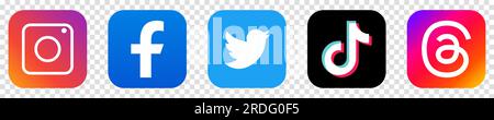 Logo of Instagram, Facebook, Twitter, Tik Tok, Threads. Social media apps. Vector illustration isolated on transparent background Stock Vector