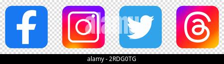 Social media apps. Facebook, Instagram, Twitter, Threads logos. Vector set isolated on transparent background Stock Vector
